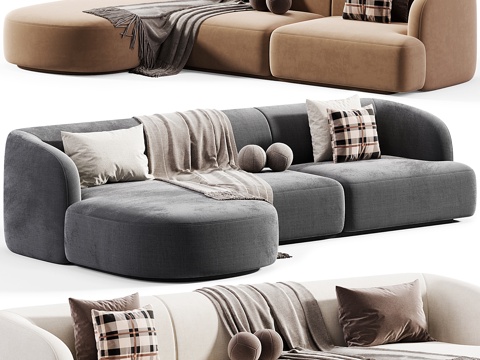  现代奶油风天鹅绒布艺组合转角沙发3d模型 