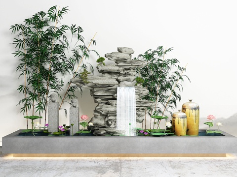  新中式假山水景荷花竹子园艺景观3d模型 