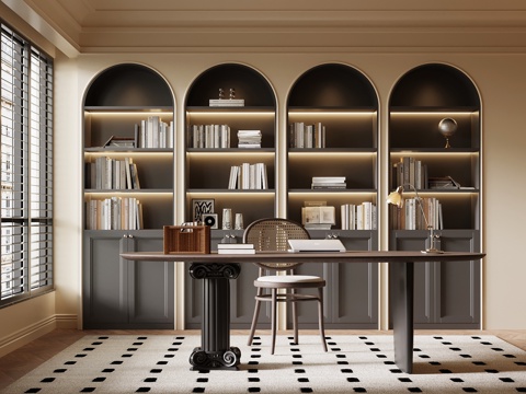 法式复古风书房 书柜 书桌椅su模型