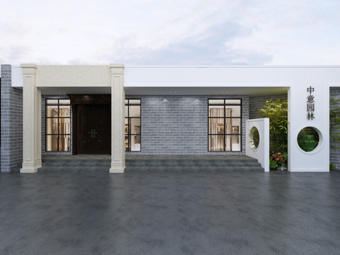  中式园林公司门头竹子绿植中式水泥罗马柱3d模型 