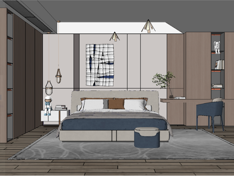 现代卧室_双人床_床头柜_吊灯_书桌椅_雕塑摆件su模型