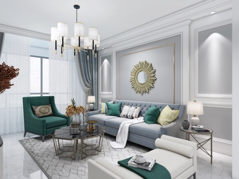  美式电视背景墙 隐形门 美式沙发电视柜 窗帘3d模型 