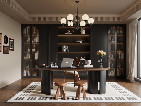 法式复古风书房 书柜 书桌椅组合su模型