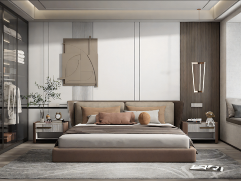 现代卧室_双人床_床头柜_吊灯_书桌椅_雕塑摆件su模型