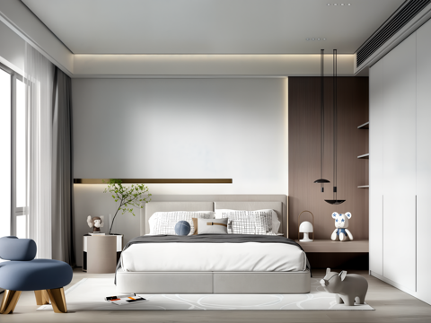 现代卧室_双人床_床头柜_吊灯_书桌椅_雕塑摆件su模型