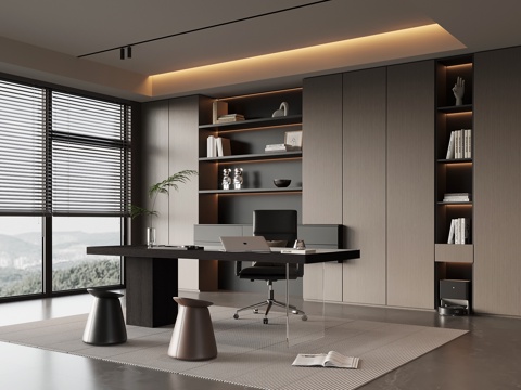 现代意式书房 书柜 书桌椅su模型