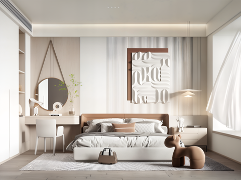 现代卧室_双人床_床头柜_吊灯_书桌椅_雕塑摆件su模型