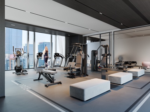 现代酒店健身房 健身器材 美女 沙发凳 瑜伽室su模型