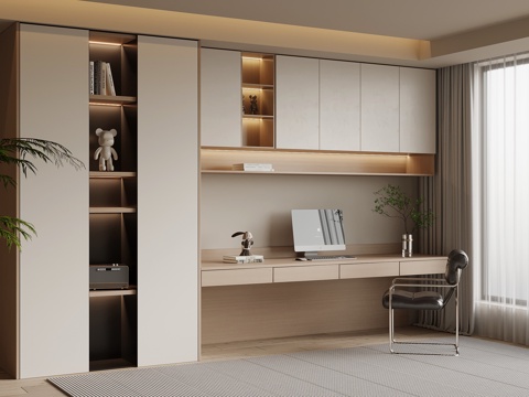 现代简约书柜 书桌椅su模型