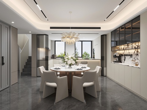 轻奢极简现代餐厅 圆桌餐厅 餐厅厨房su模型