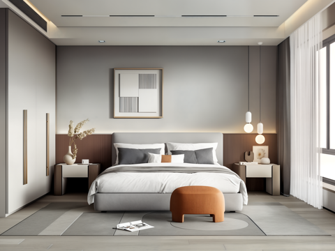 现代卧室_双人床_床头柜_吊灯_书桌椅_雕塑摆件su模型