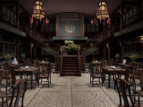  中式茶楼 中式酒楼 酒馆 中式饭馆 中式家具 中式影视 剧场su模型 