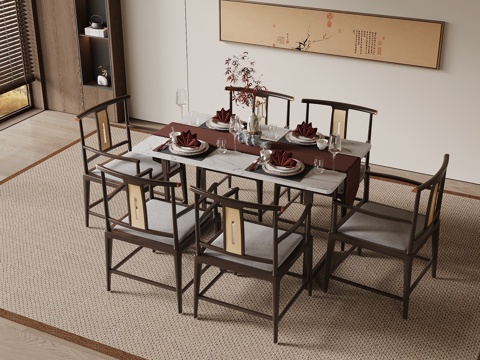 新中式餐桌椅su模型