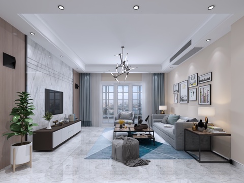  北欧客厅 沙发茶几 吊灯 挂画 电视柜3d模型 