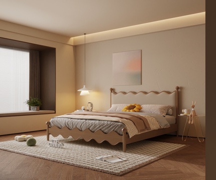 现代奶油风卧室 双人床 床头柜su模型