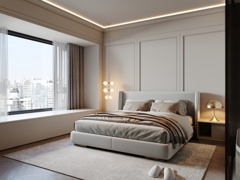 现代卧室 双人床 吊灯 台灯 主卧 老人房su模型