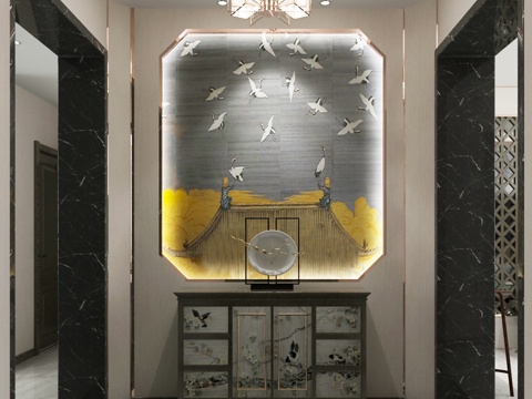  新中式客厅餐厅 吊灯 挂画 沙发 茶几 餐桌椅3d模型 