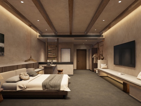 新中式中古民宿客房_中古民宿_姹寂风民宿_民宿客房_客房su模型