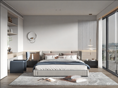 现代卧室_双人床_床头柜_吊灯_书桌椅_雕塑摆件su模型