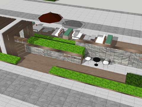 新中式廊架  矮景墙 户外座椅su模型