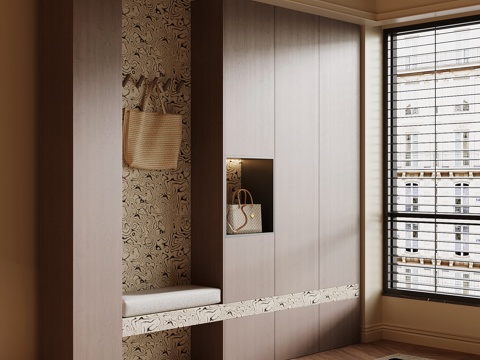 现代中古风玄关柜 入户鞋柜su模型