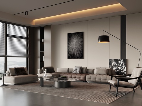 现代意式客厅 沙发背景墙 沙发茶几组合su模型