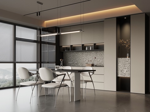 现代意式餐厅 酒柜 餐边柜 餐桌椅su模型