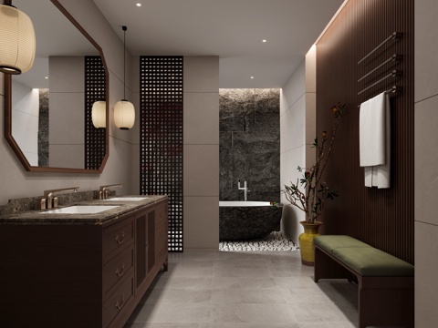  新中式卫生间3d模型 