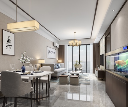  新中式客餐厅3d模型 