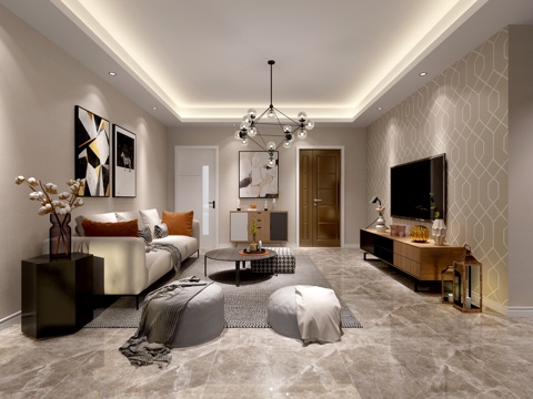  现代客餐厅沙发茶几 餐桌椅 吊灯挂画电视柜3d模型 