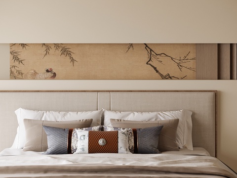 新中式床头背景墙 枕头su模型