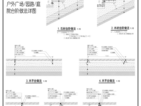 庭院广场园路台阶做法 石材台阶 木平台做法详图cad施工图