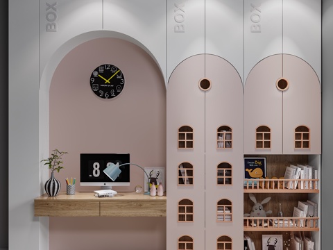 现代装饰柜 儿童书柜 书柜书桌  书箱装饰画挂钟su模型