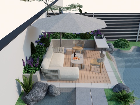 现代别墅庭院花园 鱼池水景 休闲平台 户外休闲转角沙发 茶几su模型