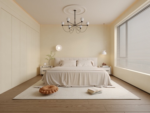  极简奶油风卧室3d模型 