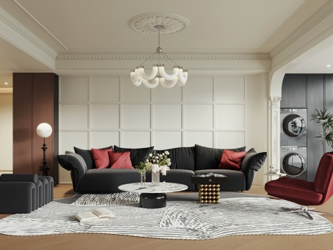  法式家居客厅 横厅 大平层 法式奶油风客厅3d模型 