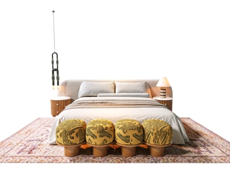  中古风双人床 中古床尾凳 中古风床 床3d模型 