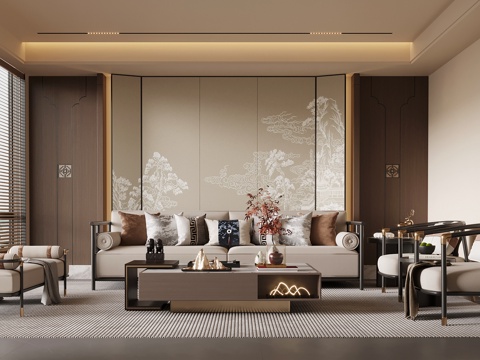 新中式客厅 沙发背景墙 沙发茶几组合su模型