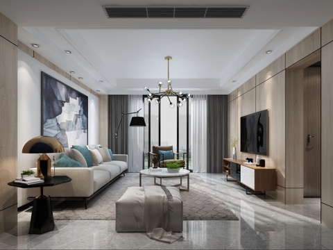  现代客厅沙发茶几吊灯 边几 电视柜 挂画 单椅 沙发凳3d模型 