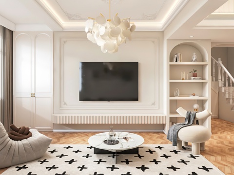  法式客餐厅 阁楼 开放厨房 楼梯 电视墙3d模型 