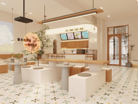 现代原木色咖啡厅su模型