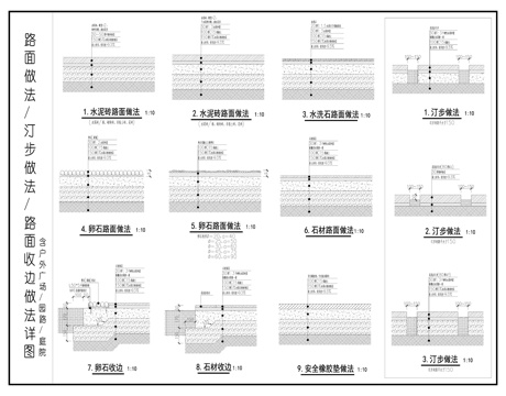汀步做法 水泥砖石材卵石路面做法 路面收边做法详图cad施工图