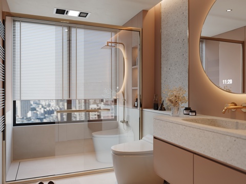 奶油风卫生间 马桶 花洒 洗手台 镜子 台盆柜su模型