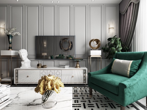  美式简约美式轻奢客厅模型3d模型 