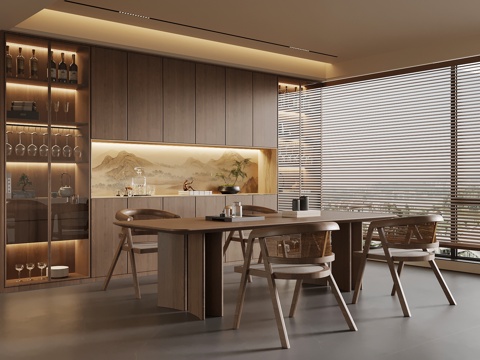 新中式餐厅 餐桌椅 酒柜su模型