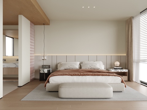 现代卧室 双人床 床头柜 床尾凳su模型