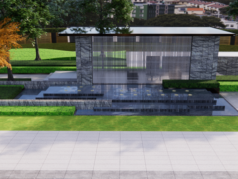 新中式廊架，跌水水景su模型