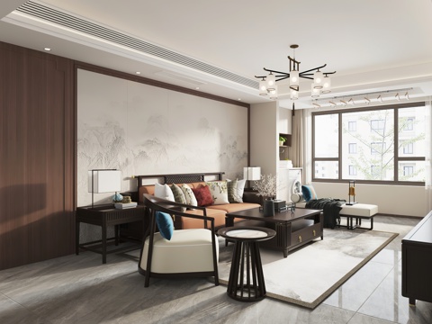  新中式客餐厅 开放厨房 干区 电视墙 楼梯3d模型 