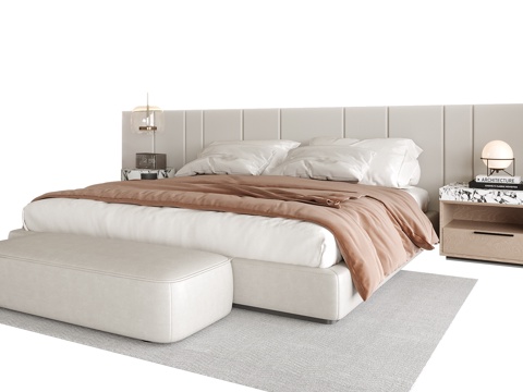 现代双人床 床尾凳 床头柜su模型