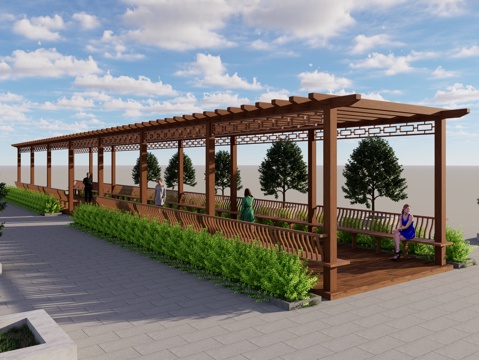 新中式廊架 休闲长走廊 景观休闲区 葡萄架凉亭 长条形su模型